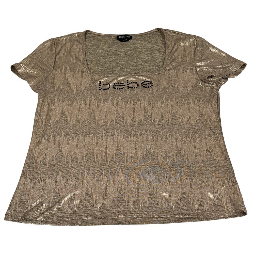 bebe Women's XL Metallic Gold Short Sleeve Square Neck Rhinestone Logo Top Shirt